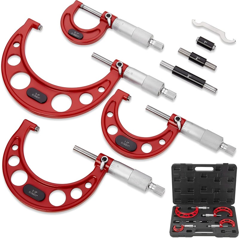 SANDOR Premium Outside Micrometer Set 0-4" / 0.0001" (0-1"/1-2"/2-3"/3-4") Precision Machinist Tools w/Carbide Tips, Standards, Ratchet Stop - Image 1